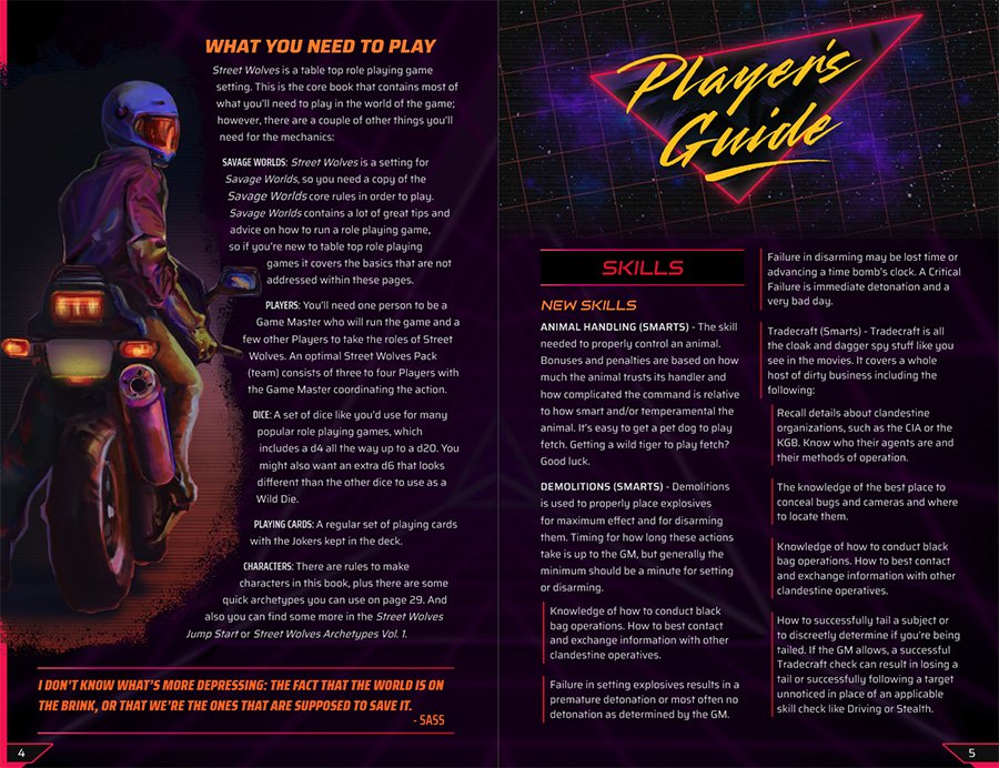 spread2 Two page spread from the book Street Wolves with graphic design that gives it a synthwave look.