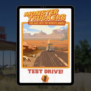 Monster Truckers test drive on a tablet over a stylized background.