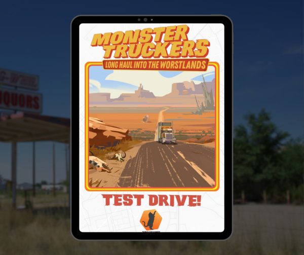 Monster Truckers test drive on a tablet over a stylized background.